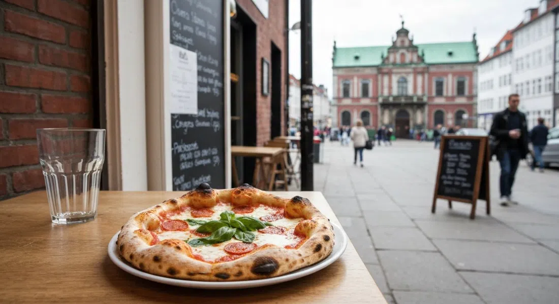 a wood-fired pizza from Bæst on a simple plate, blistered crust and house charcuterie on the side, shot in warm indoor light