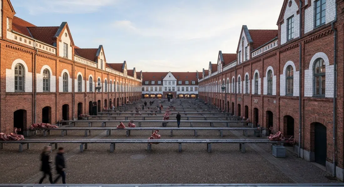Kødbyens red-brick and white slaughterhouse halls in late afternoon light, meat-rail details and tiled façades visible across the open yards