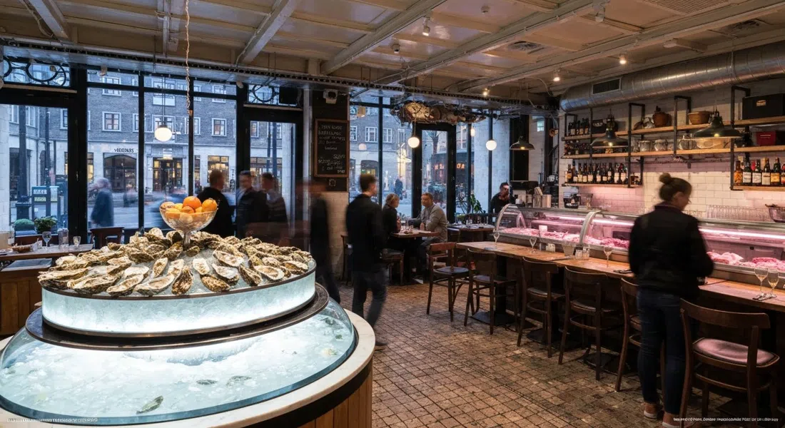 Kødbyens Fiskebar interior with the circular aquarium, oyster service and industrial butcher-shop details under soft evening light