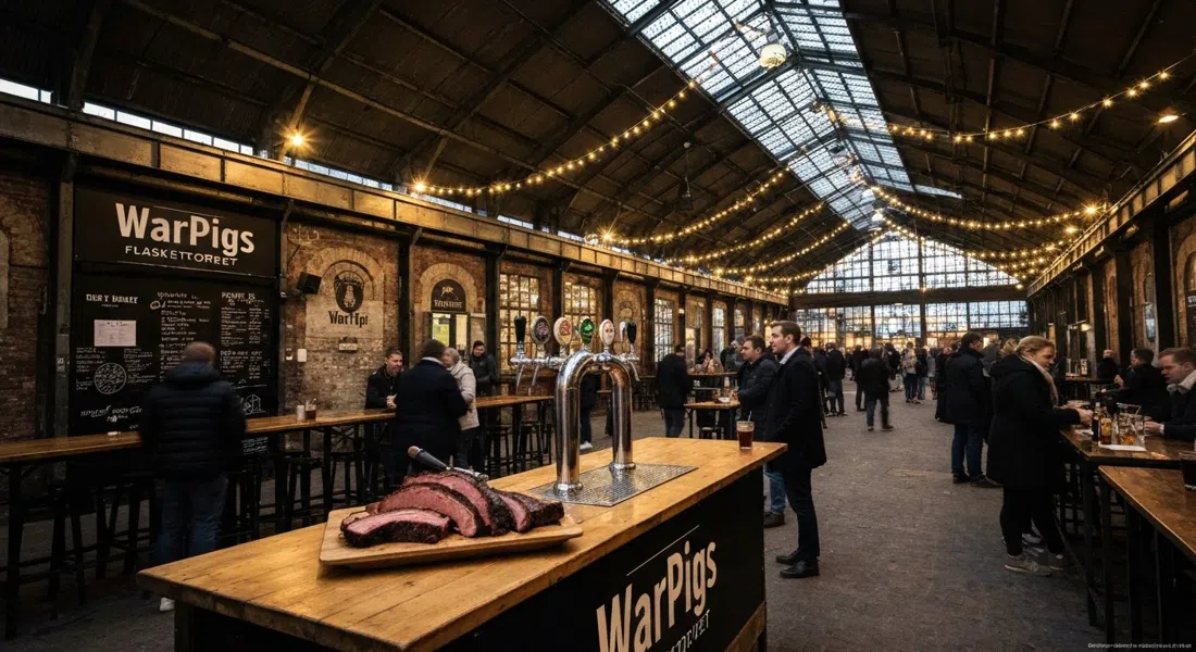WarPigs at Flæsketorvet with smoked brisket, beer taps and the industrial hall glowing under festoon lights at night