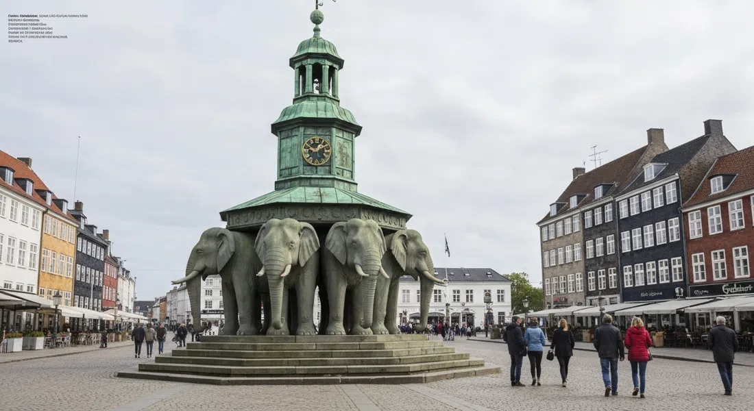 the Elephant Gate at the Carlsberg City District, four stone elephants supporting the tower in clear daylight