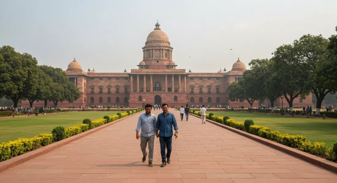 Rashtrapati Bhavan on Raisina Hill seen from the ceremonial axis, sandstone facade and formal lawns under a pale Delhi sky