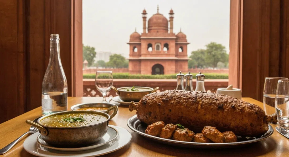 a low-table service at Bukhara in ITC Maurya, dal Bukhara and a giant Sikandari Raan served in warm restaurant light