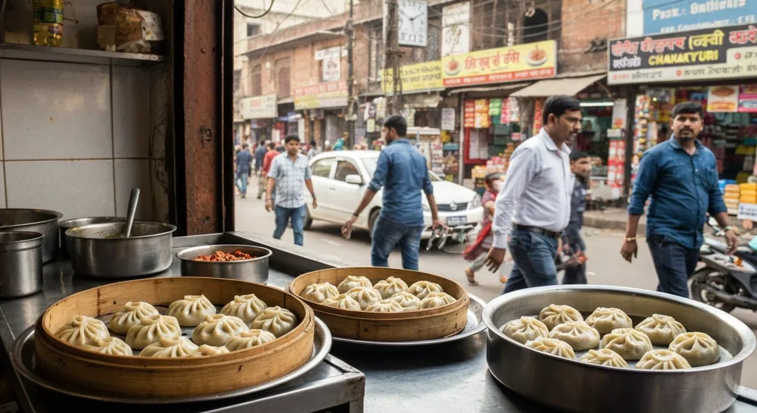 steamed momos at Chimney Sizzlers in Yashwant Place, metal counter trays and a busy market backdrop in Chanakyapuri