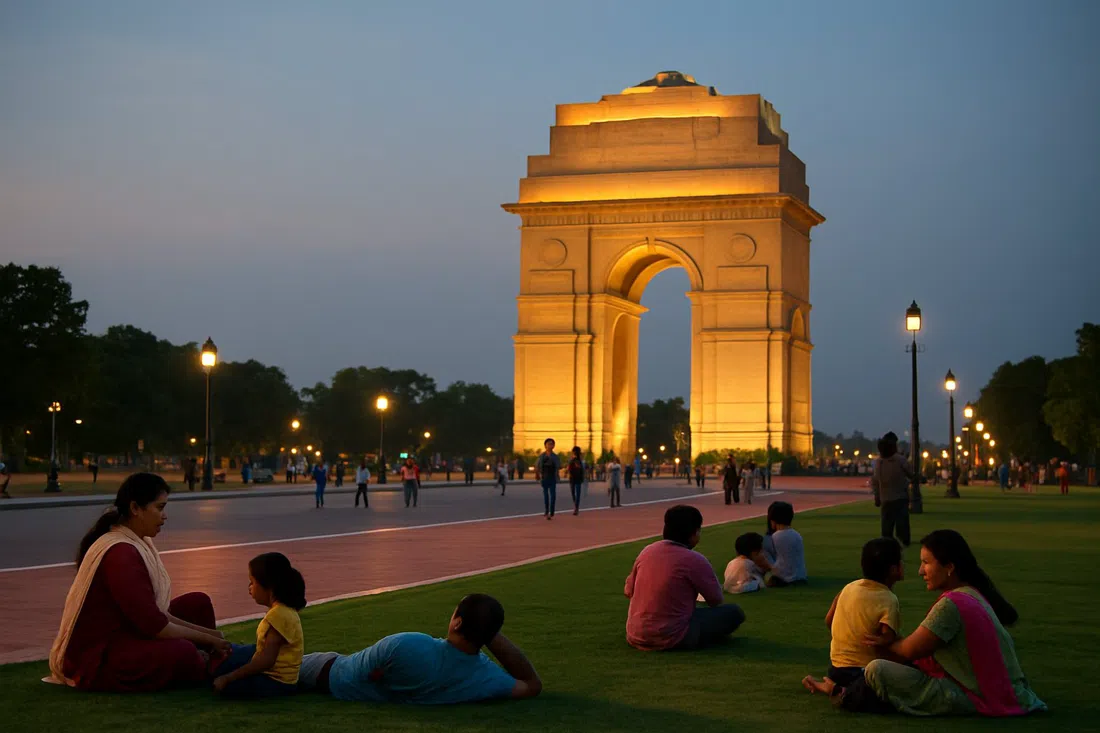 India Gate and Kartavya Path at dusk, families on the lawns, lit arch and red-granite promenade glowing under floodlights