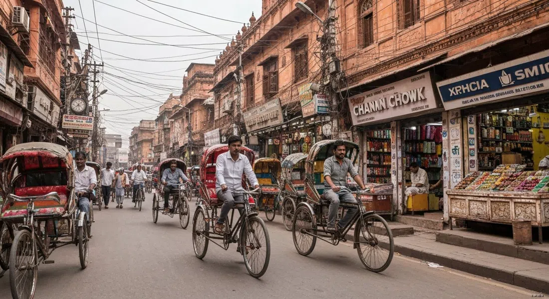 Chandni Chowk at street level in Old Delhi, cycle-rickshaws threading past shopfronts under a tangle of overhead wires in harsh late-morning light