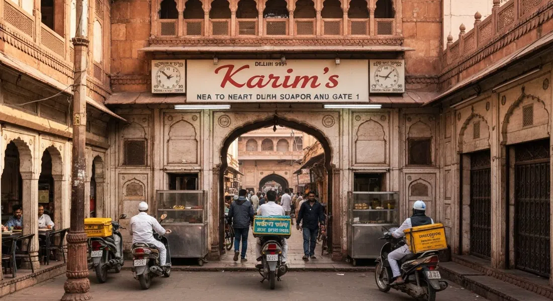 the entrance to Karim's near Jama Masjid Gate 1, with a simple signboard and a busy lane of diners and delivery riders at midday