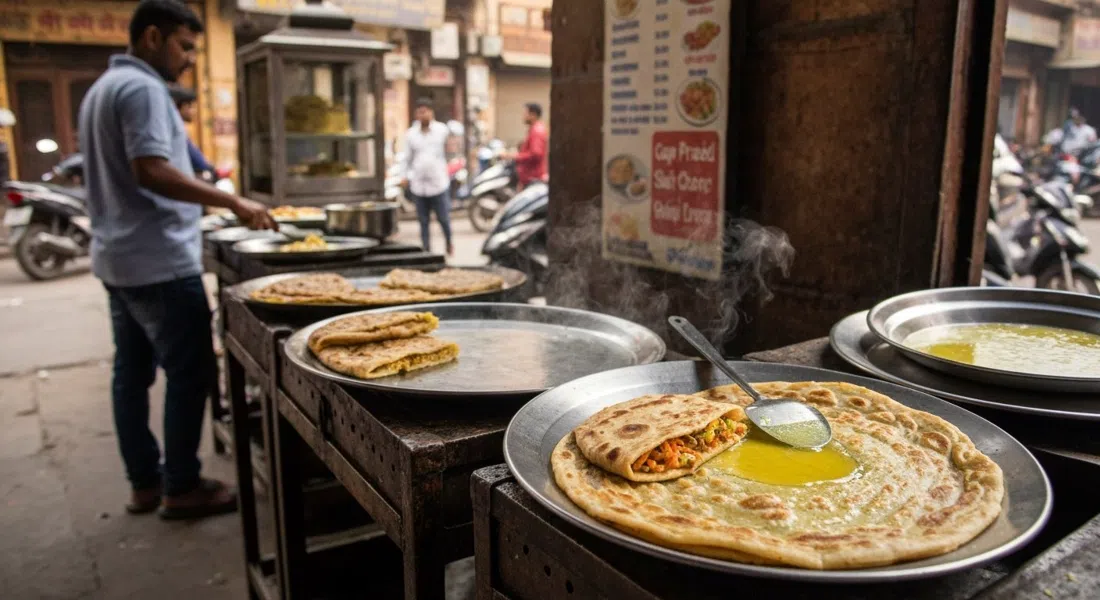 stuffed parathas sizzling in Gaya Prasad Shiv Charan in Paranthe Wali Gali, golden edges and a steel plate catching ghee in warm morning light