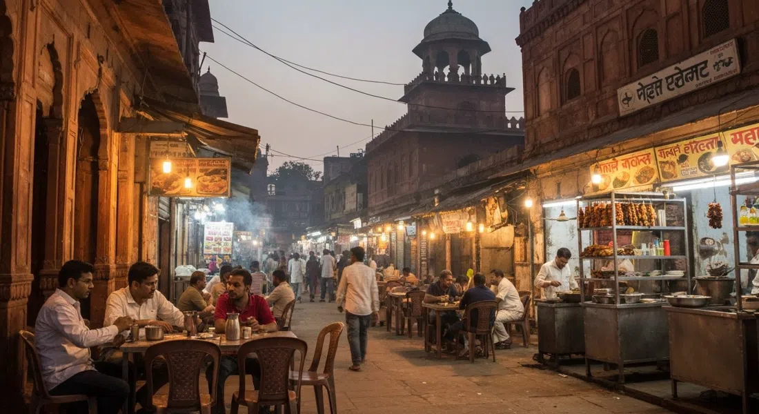Matia Mahal food street after dusk near Jama Masjid, bare bulbs glowing over kebab grills, diners clustered at plastic tables and smoke rising into the night