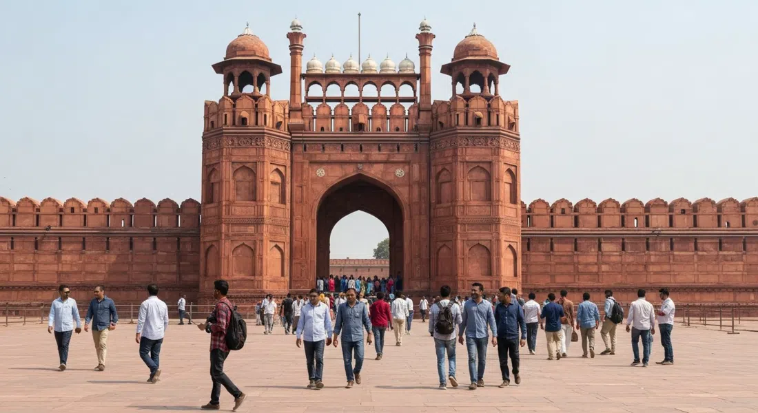 the Red Fort's Lahori Gate in Old Delhi, red sandstone walls and the main entrance crowded with visitors in bright daylight