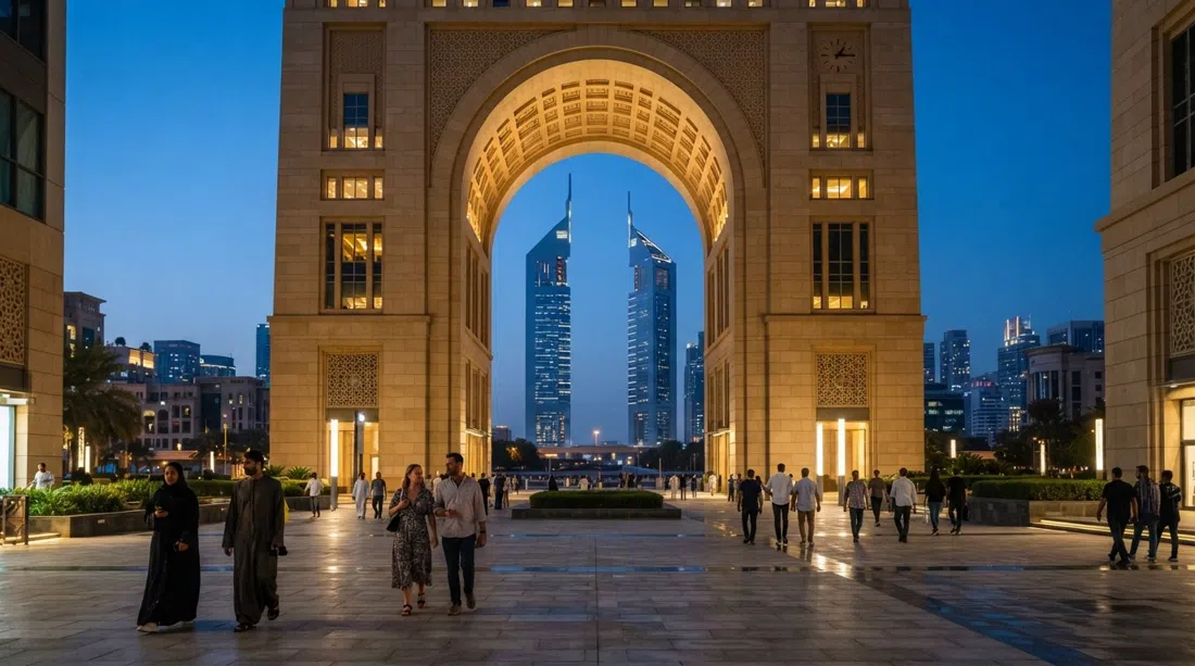 The Gate Building arch at dusk, aligned with the Emirates Towers beyond, its stone face glowing against a deep blue Dubai sky