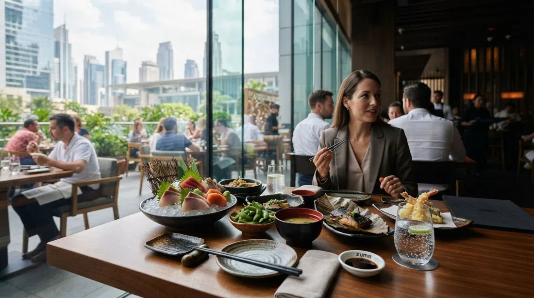 A table at Zuma in Gate Village 6, with polished business-lunch dishes, lacquered chopsticks and the terrace atmosphere just beyond the glass