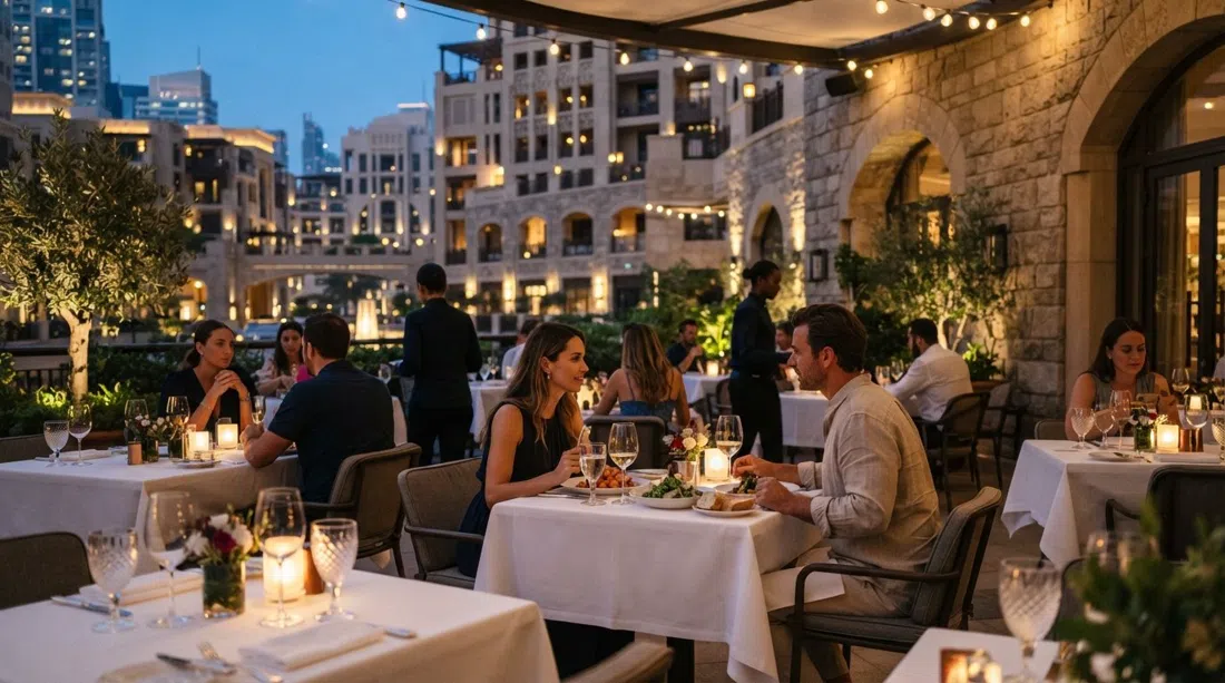 The terrace at La Petite Maison in Gate Village 8 at early evening, white tablecloths, glasses catching light and the stone-clad architecture behind