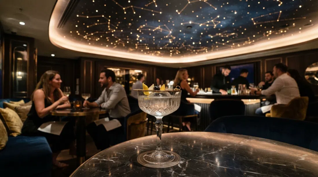Galaxy Bar in Gate Village 9, an intimate cocktail room with the hand-painted constellation ceiling and a precise drink in the foreground