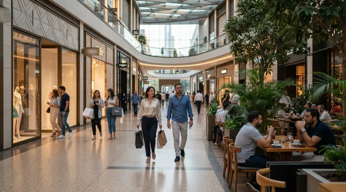 Gate Avenue’s air-conditioned promenade with boutique storefronts, café seating and a few shoppers moving between lunch and late afternoon light