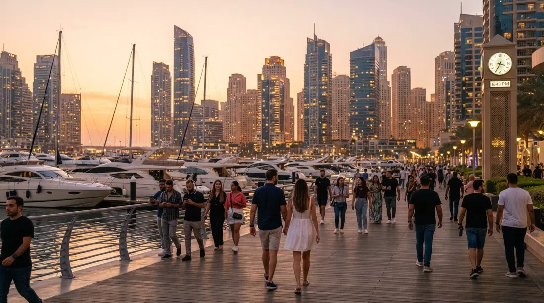 Marina Walk at sunset with yachts moored along the harbour, pedestrians on the wooden promenade and tall glass towers reflecting warm evening light