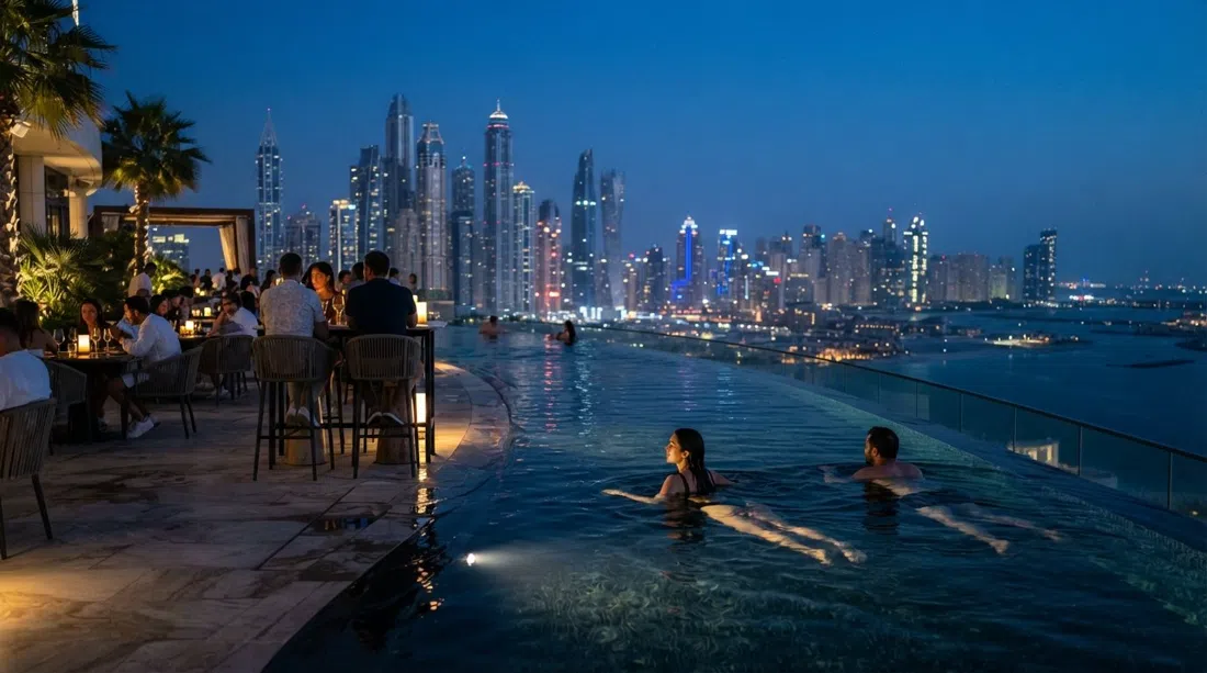 ZETA Seventy Seven on the 77th floor of Address Beach Resort, with the outdoor infinity pool edge and the Gulf skyline beyond at blue hour