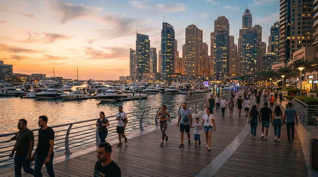 a sunset stroll on Marina Walk with joggers and families on the wooden deck, yachts drifting past and the Marina towers glowing above
