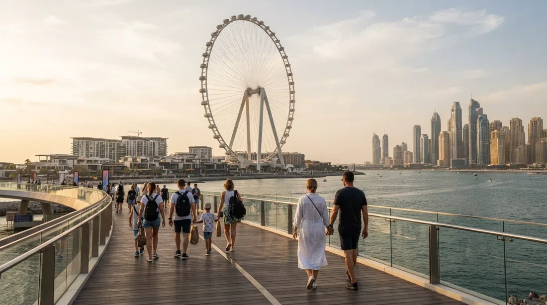 Ain Dubai rising above Bluewaters Island in late afternoon light, seen from the pedestrian bridge with the sea and JBR towers in the foreground