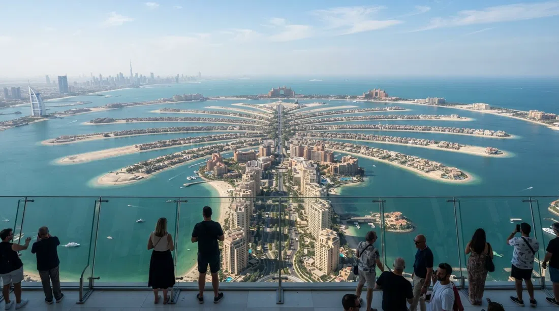 the Palm Jumeirah fronds and crescent seen from The View at The Palm on Level 52, a top-down aerial-style panorama in bright daylight