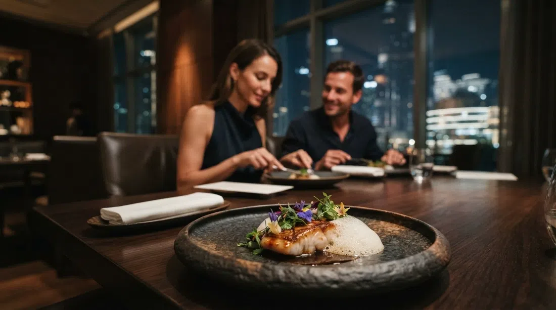 a refined plated tasting-menu course at FZN by Björn Frantzén, dark tableware, exact garnishing and intimate fine-dining lighting