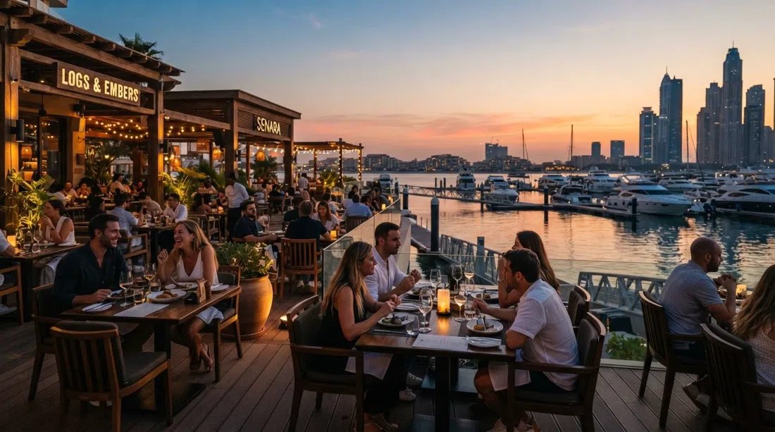 sunset at Club Vista Mare with Logs & Embers and Senara facing the marina, warm light on the water and diners on the terrace