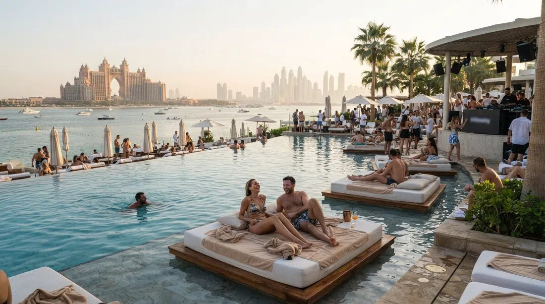 WHITE Beach at Atlantis The Palm, a 300-metre infinity pool with floating beds, whitewashed loungers and DJ terrace in late afternoon light