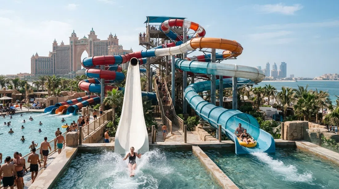 Aquaventure at Atlantis The Palm, a towering waterslide complex with bright tubes, splash pools and the resort skyline under hard sun