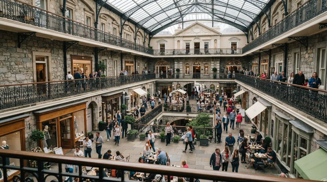 the glass-roofed courtyard inside Powerscourt Townhouse Centre on South William Street, with shoppers below and Georgian stonework above