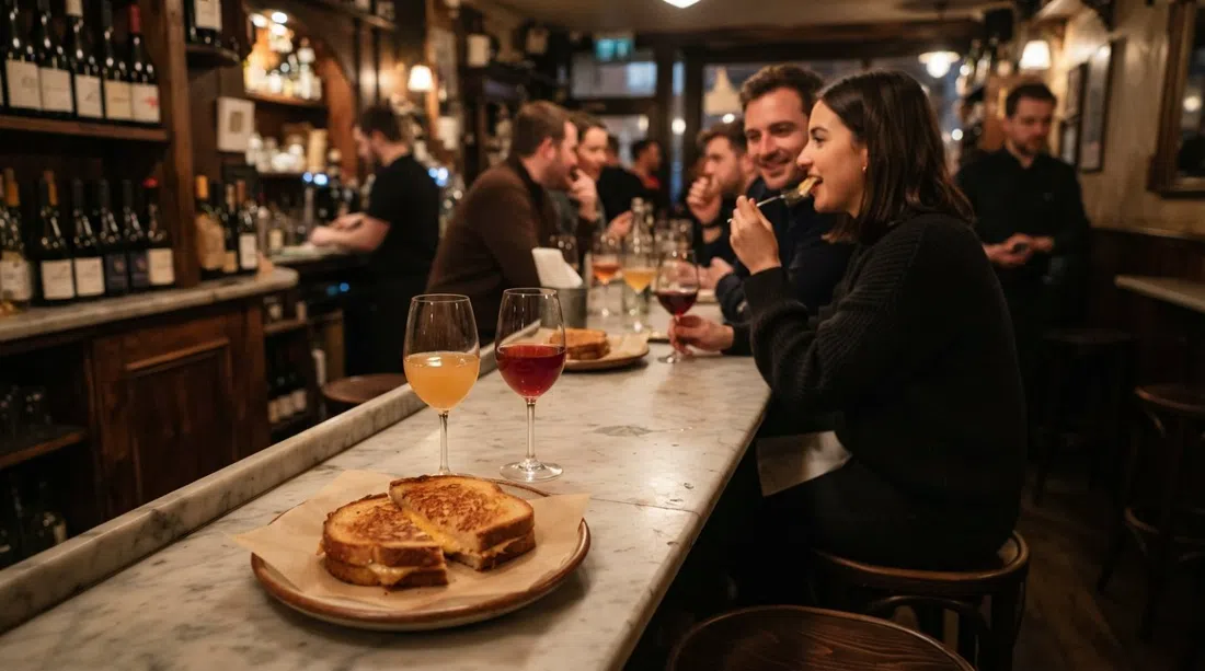 the narrow marble counter inside Loose Canon on Drury Street, with high stools, a cheese toastie and glasses of natural wine in warm evening light