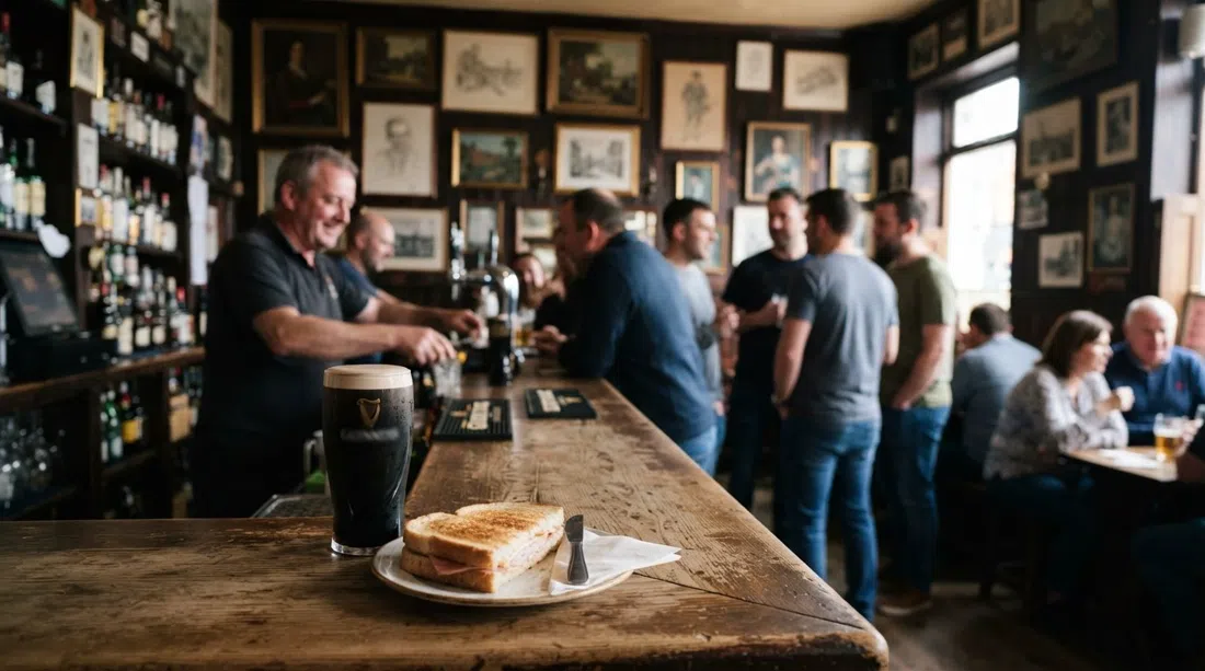 Grogan's Castle Lounge on South William Street, with framed paintings on the walls, a pint of stout and a ham-and-cheese toastie on the bar