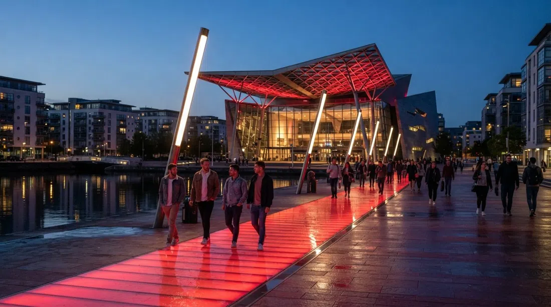 Grand Canal Square at dusk in Dublin, red resin paving glowing under the light sticks with the Bord Gáis Energy Theatre rising behind it
