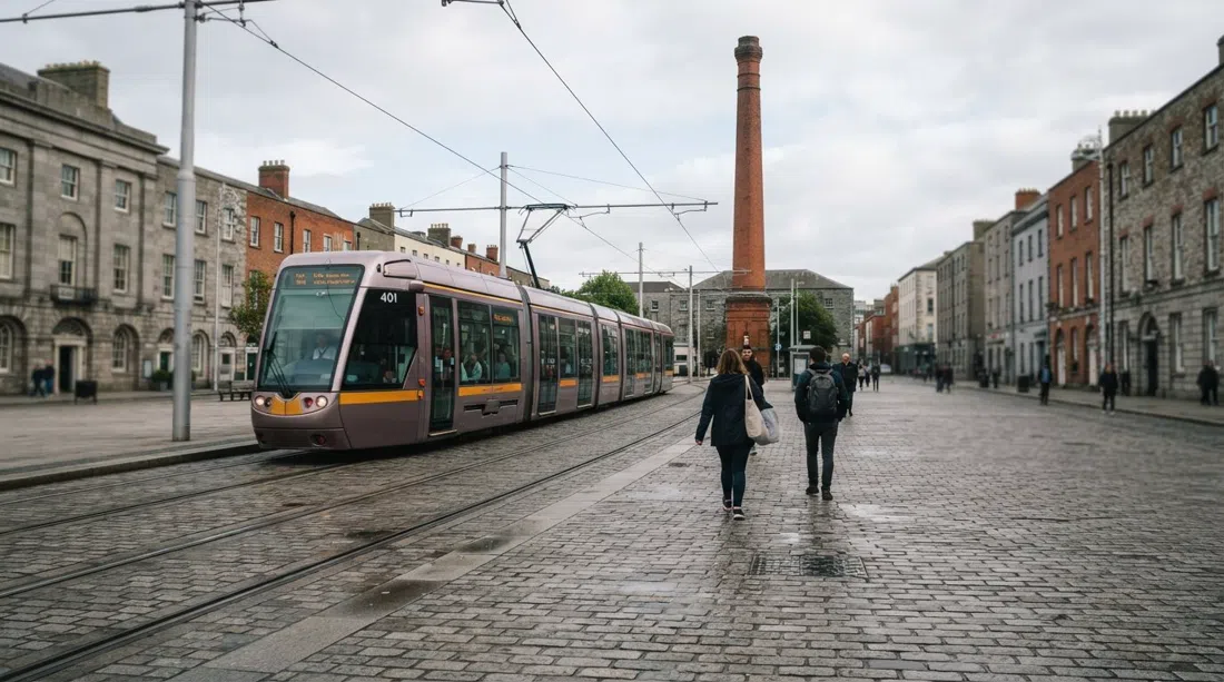 Smithfield Square’s granite cobbles with the Jameson chimney rising behind the LUAS line at grey afternoon light