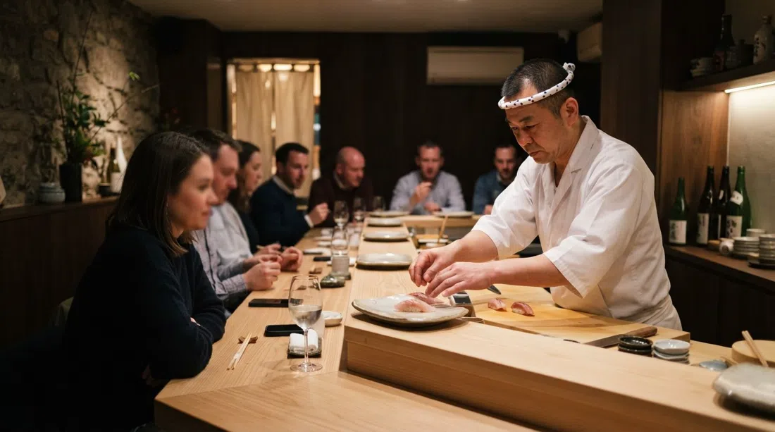 the intimate eight-seat Matsukawa omakase counter on Queen Street, minimalist sushi bar with a chef preparing Edomae pieces