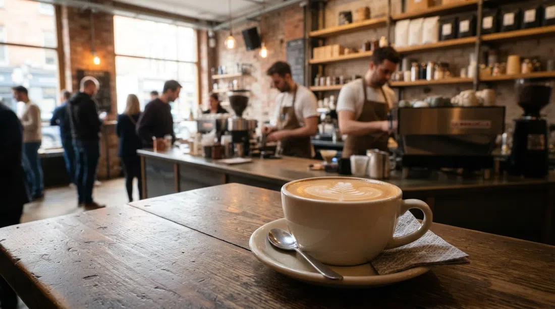 a flat white at Proper Order Coffee Co. on Haymarket, crema glossy under soft morning light with the café counter in the background
