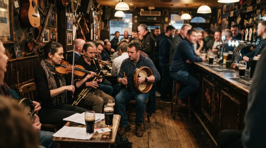 The Cobblestone’s front bar on North King Street, a crowded trad session with fiddles, bodhrán and pints of Guinness under warm low light