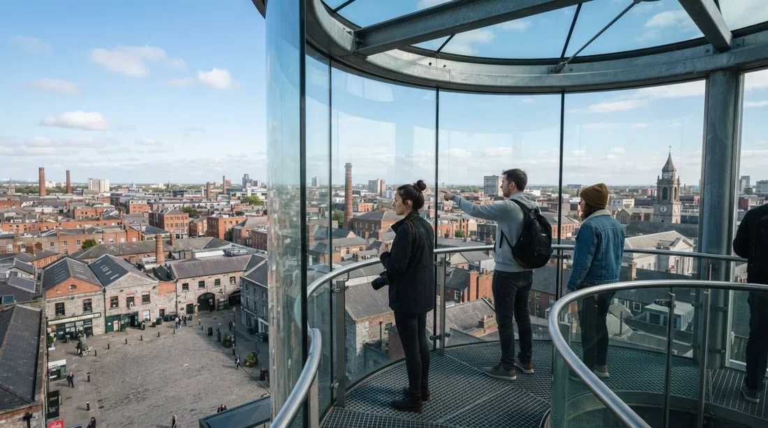 the Smithfield Chimney Skyview Tower glass observation platform above the square, with Dublin rooftops and the sky beyond at clear daylight