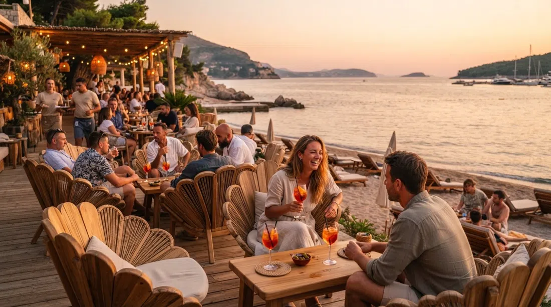 Coral Beach Club on Cava Beach at golden hour, shell-shaped beachfront seating, cocktails and the sea lit warm behind it