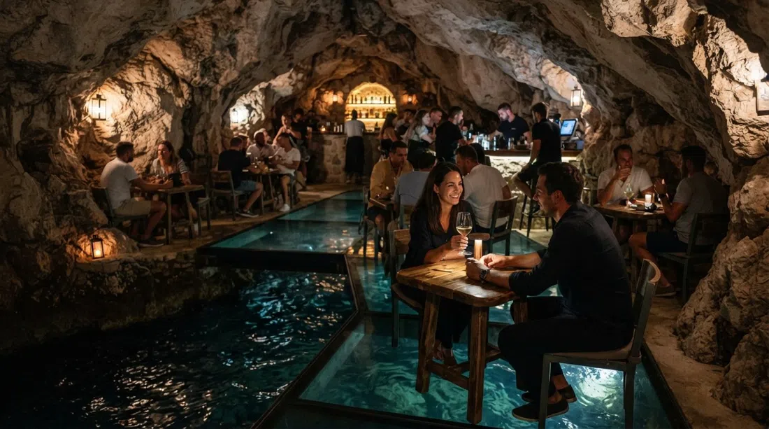 Cave Bar More inside a natural sea cave at Hotel More, low lighting, a glass floor over the water and rock walls catching reflections