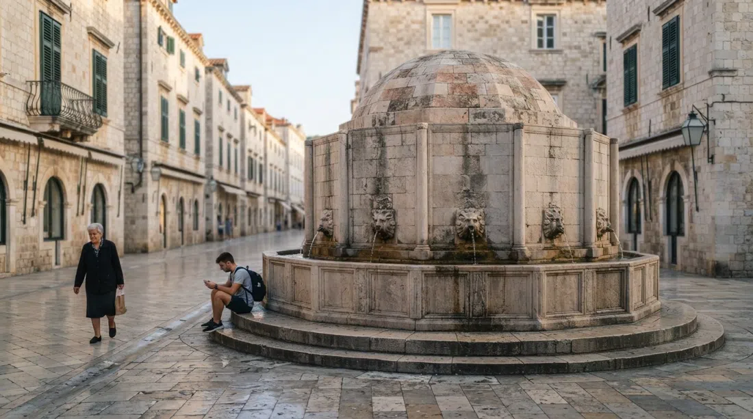 Onofrio’s Fountain at the western end of the Stradun, the round stone fountain framed by early-morning limestone and empty lane