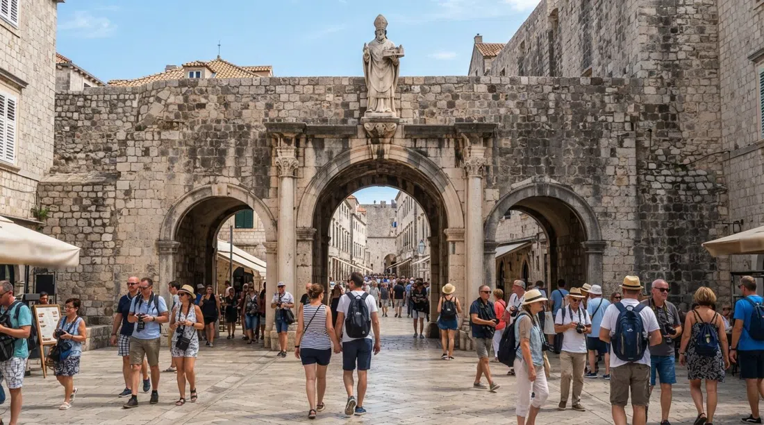 Pile Gate at Dubrovnik’s western entrance, the double arch and St Blaise statue framed by the busy square in daylight