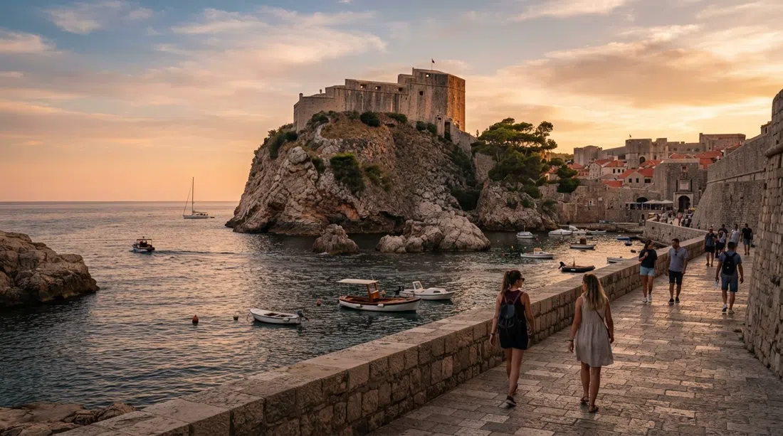 sunset over Lovrijenac from the Pile side, golden light hitting the fortress walls and the sea beyond
