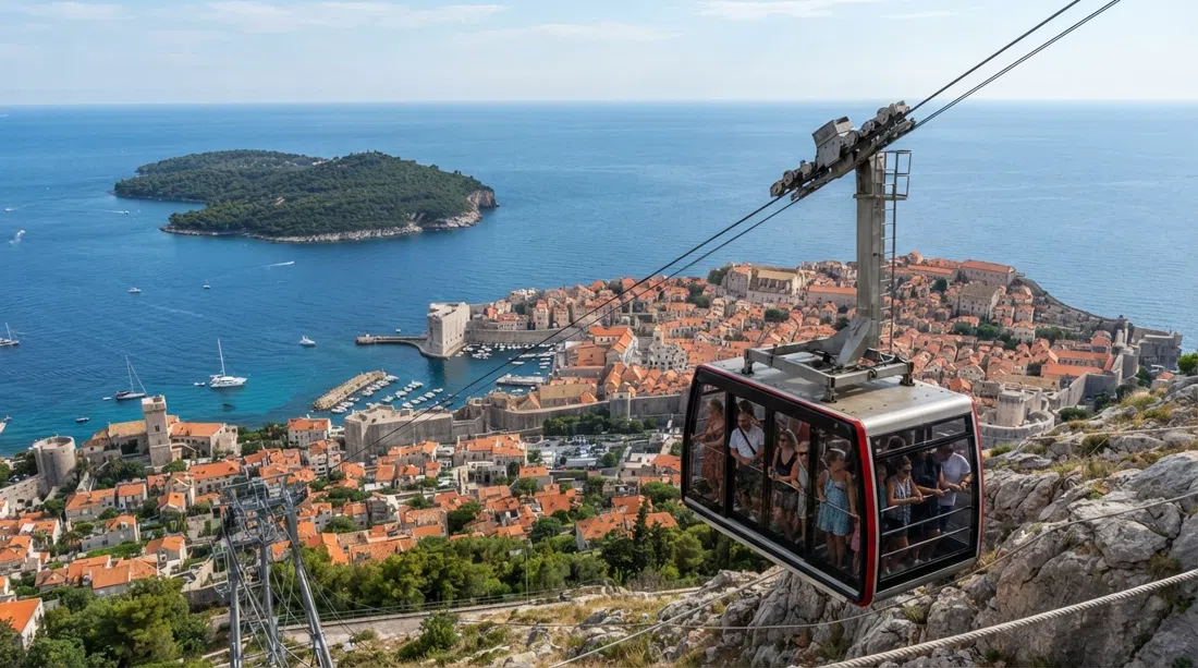 the Dubrovnik cable car ascending Mount Srđ, with the Old Town, Lokrum and Adriatic spread below in clear daylight