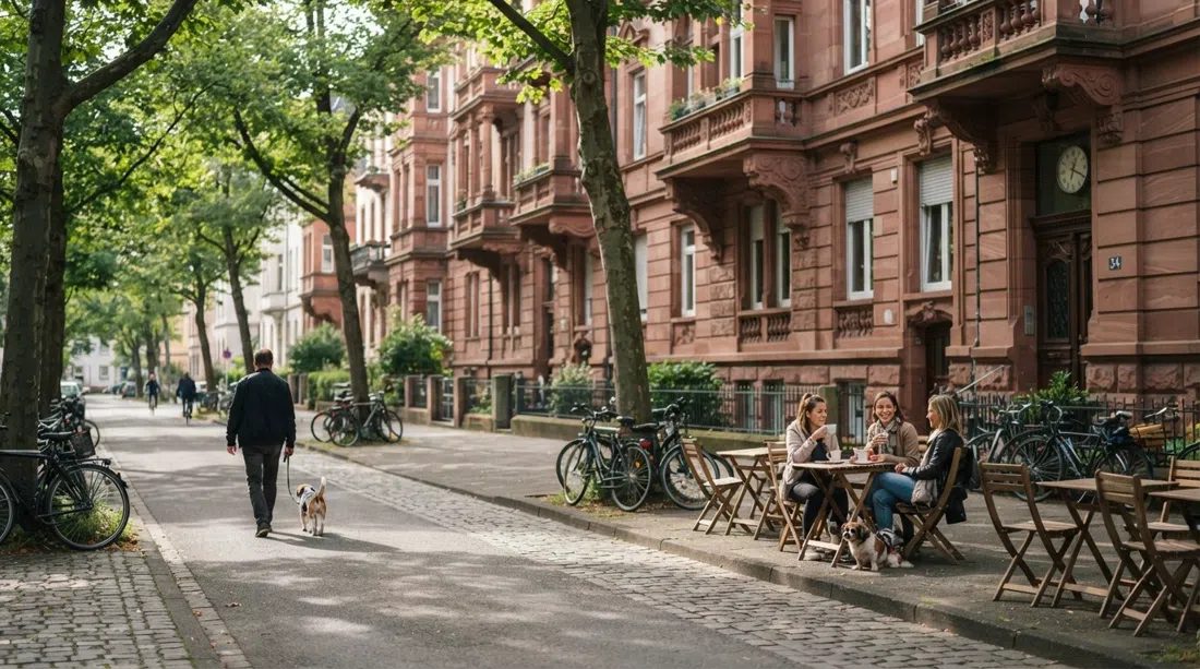 red-sandstone Gründerzeit apartment blocks and tree-lined pavements in Nordend, with cafe tables and bicycles on a calm morning street