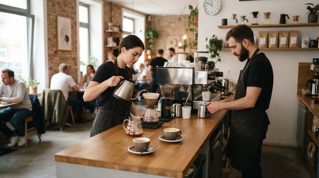 the counter at Hoppenworth & Ploch on Friedberger Landstraße, with a hand-brewed filter setup and espresso cups in a bright specialty-coffee cafe