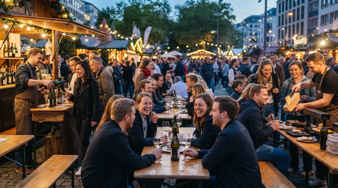 Friday evening at Markt am Friedberger Platz, with wine stands, raclette and crowds gathered around benches under the open sky