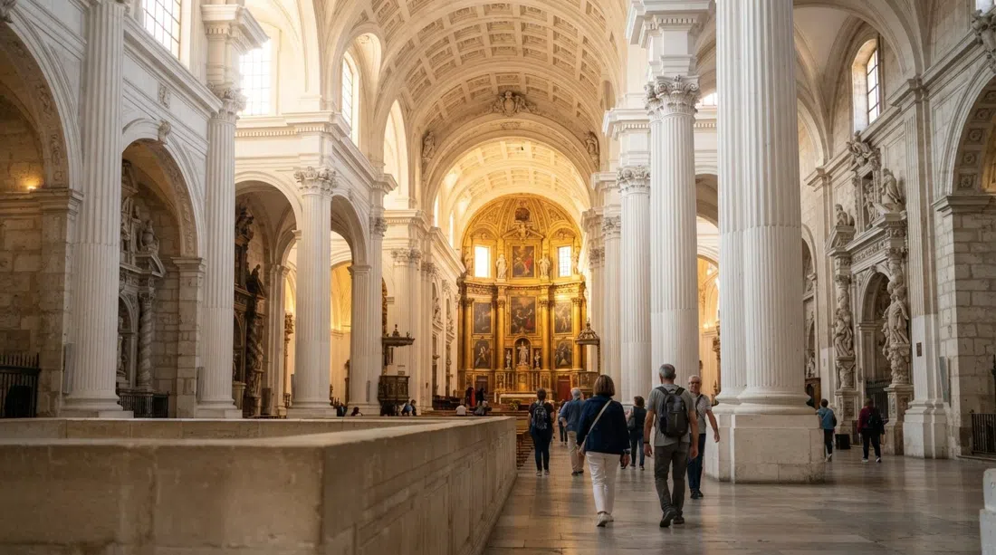 the white Renaissance interior of Granada Cathedral, tall columns and bright nave light falling through the church in the late afternoon