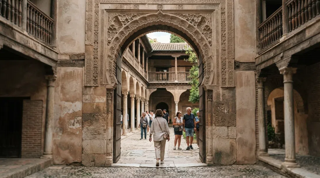 the horseshoe gateway of the Corral del Carbón opening into its shaded courtyard, stone arches and wooden galleries in soft daylight