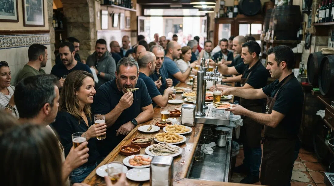 Bar Los Diamantes on Calle Navas, a crowded standing-room tapas bar with plates of fried fish and glasses of beer on the counter