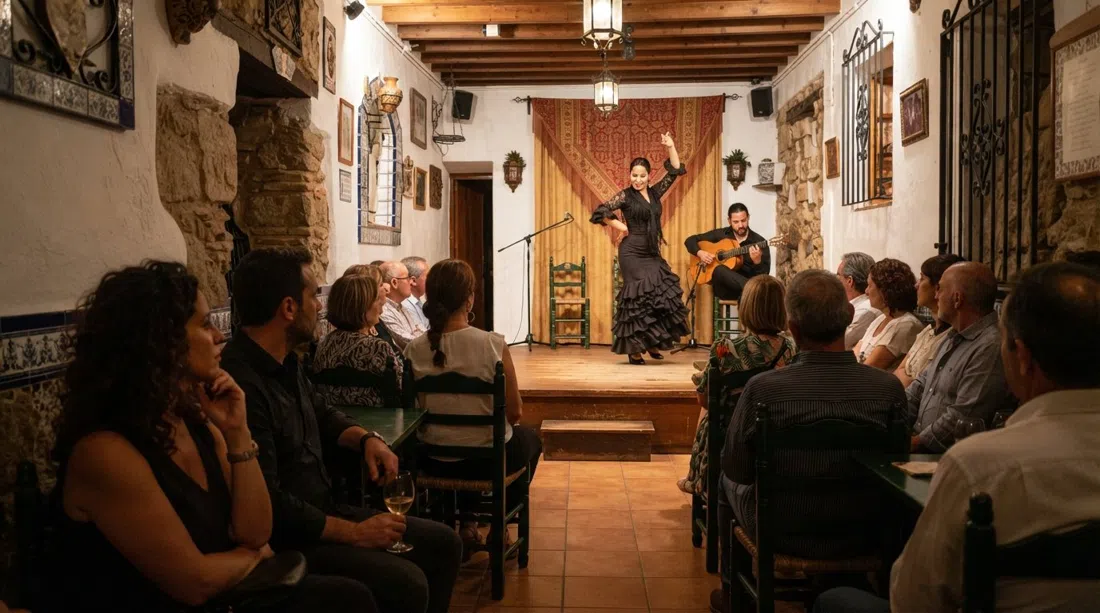 the intimate interior of Tablao Flamenco La Alboreá on Calle Pan, a small audience facing a bare stage under warm light